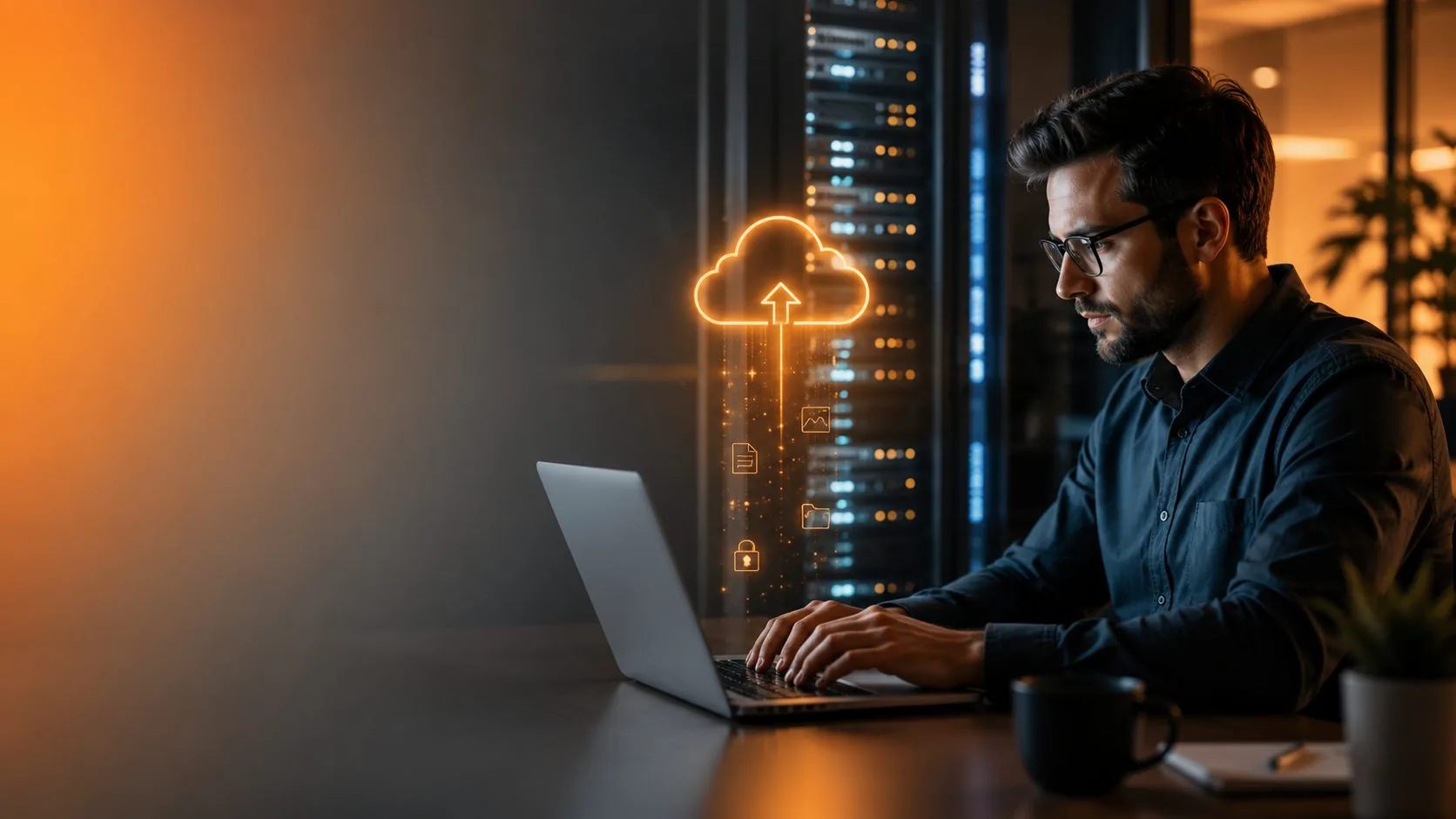 Profissional de TI trabalhando com backup em nuvem