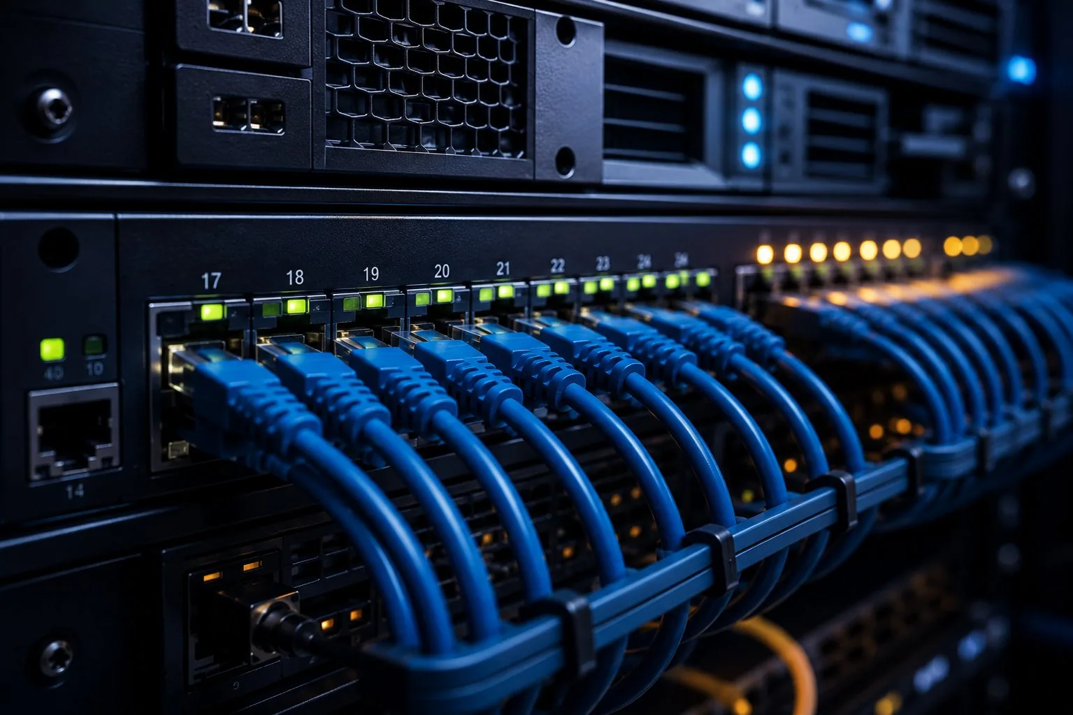 Rack de servidores com cabos de rede conectados